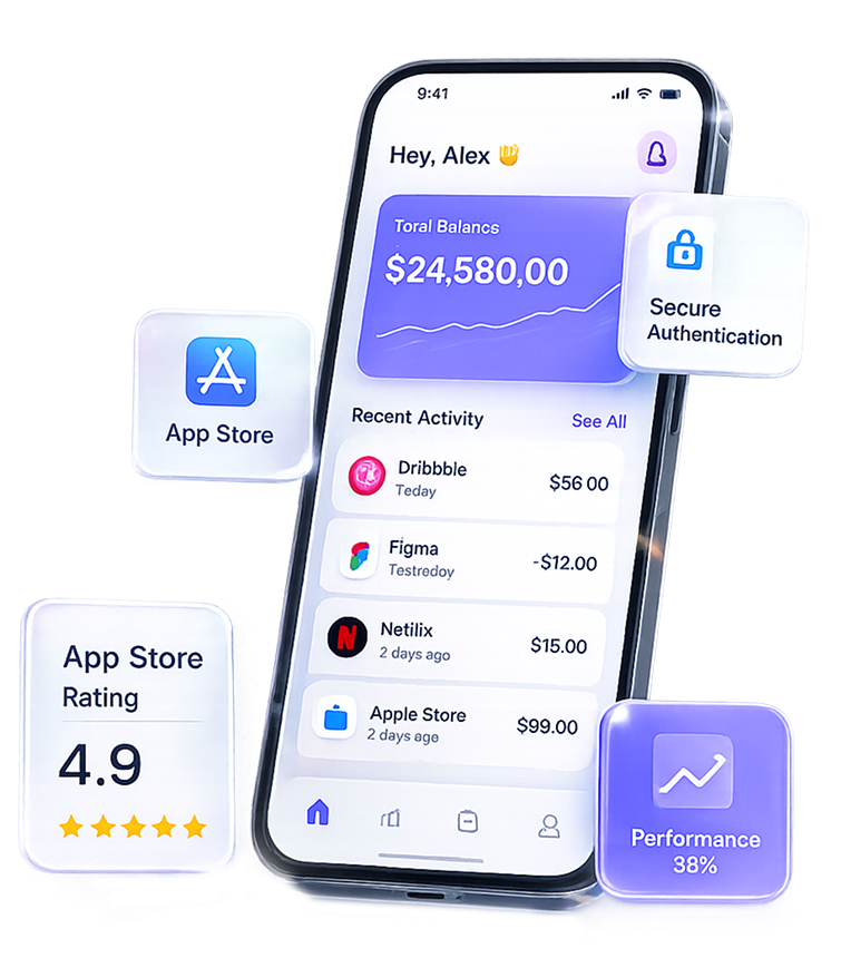 iOS application example with App Store rating, secure authentication and performance metrics